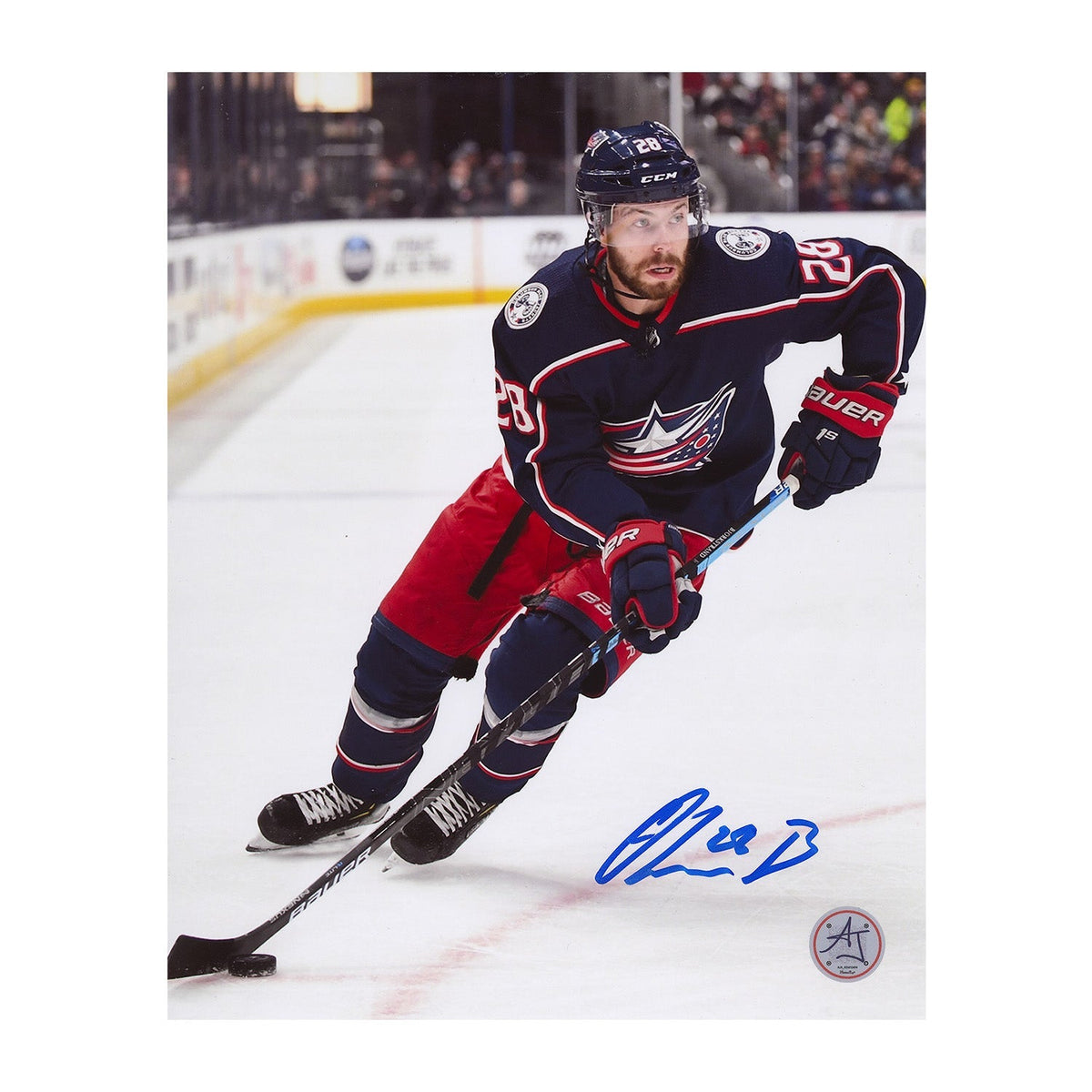 Oliver Bjorkstrand Signed Columbus Blue Jackets Puck Rush 8x10 Photo