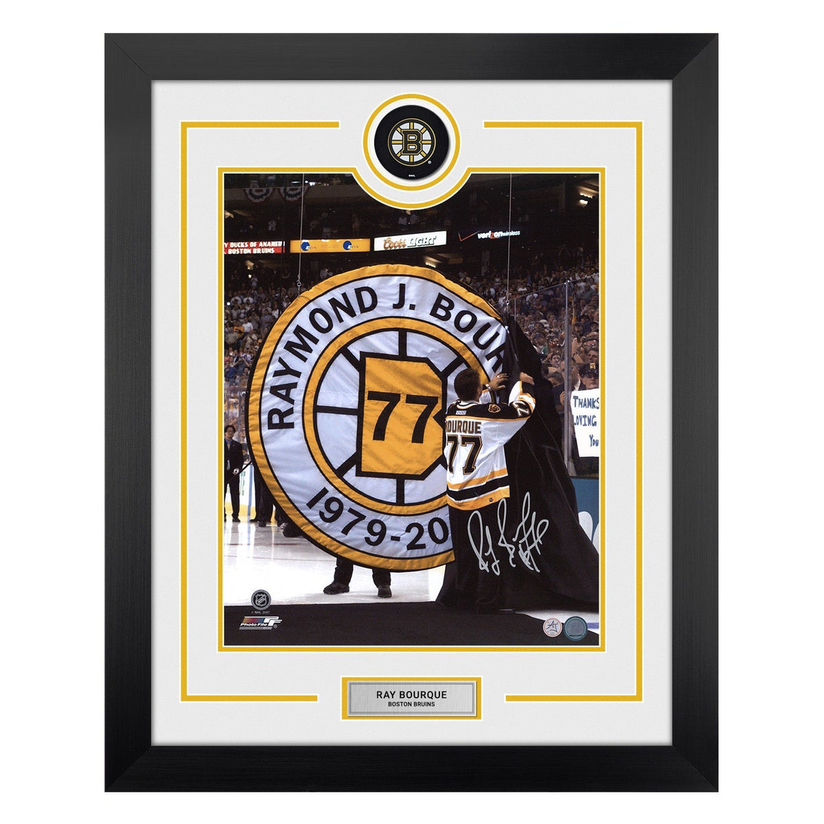 Ray Bourque Autographed Boston Bruins Puck Logo 26x32 Frame