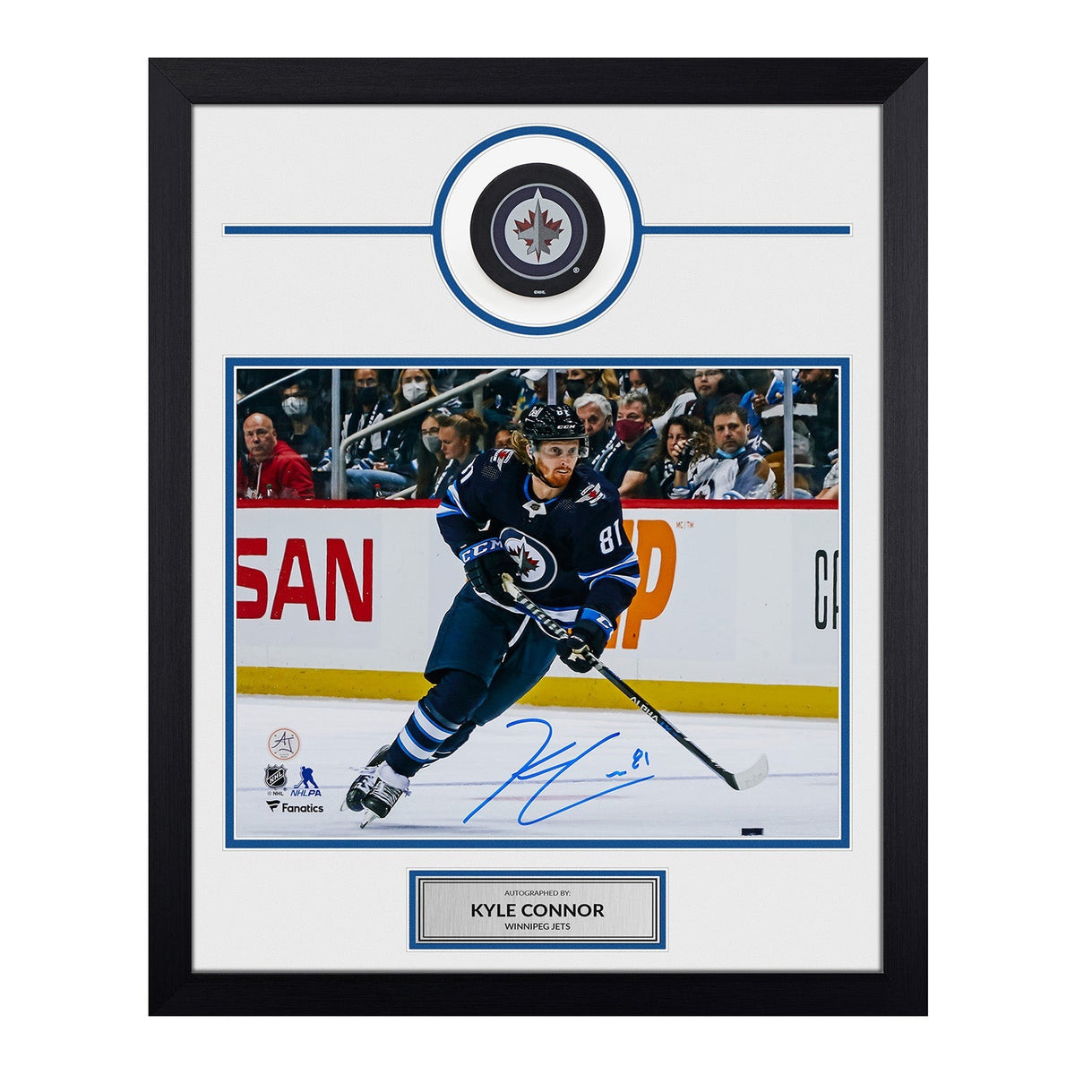 Kyle Connor Signed Winnipeg Jets Puck Logo 19x23 Frame
