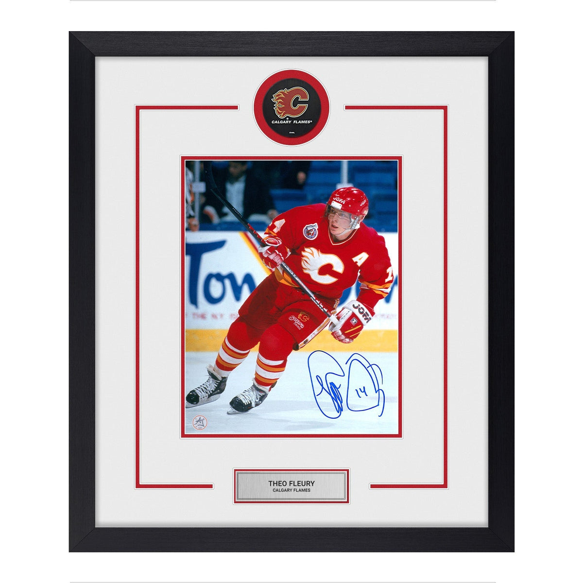 Theo Fleury Signed Calgary Flames Puck Logo 22x26 Frame