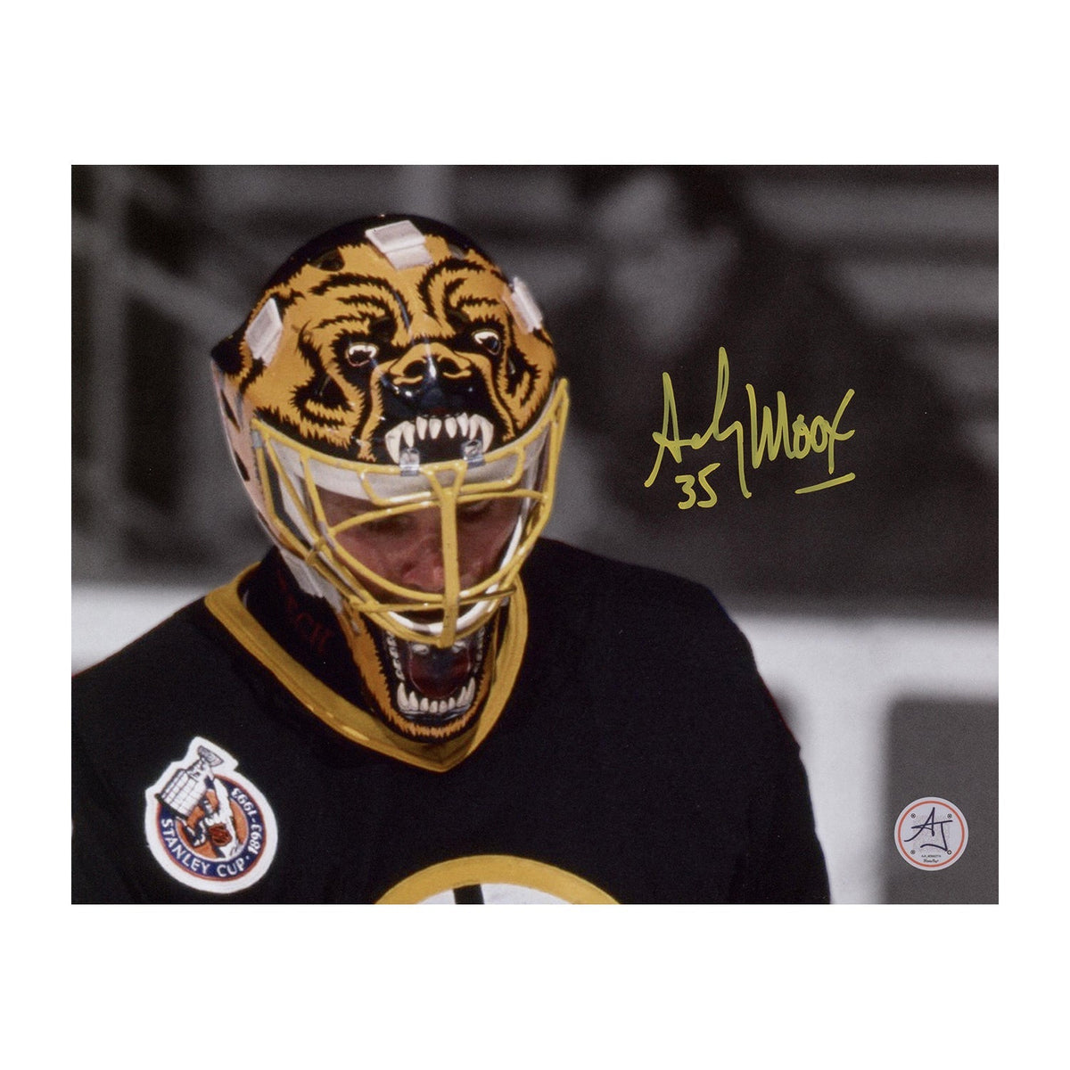 Andy Moog Signed Boston Bruins Mask Close-Up 8x10 Photo