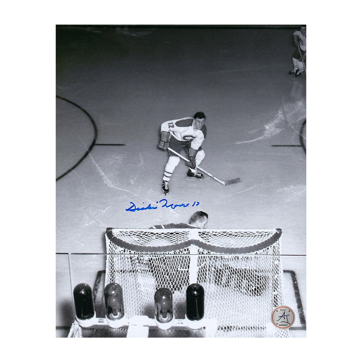 Dickie Moore Signed Montreal Canadiens Overhead vs Bower 8x10 Photo
